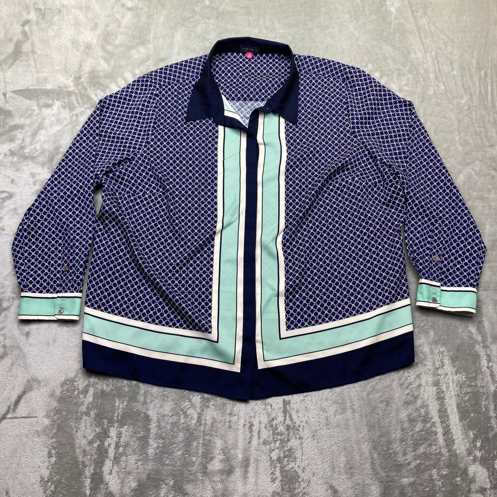 Vince Camuto Womens 3X Navy Blue Mint Geometric Border Print Button Down Blouse‎